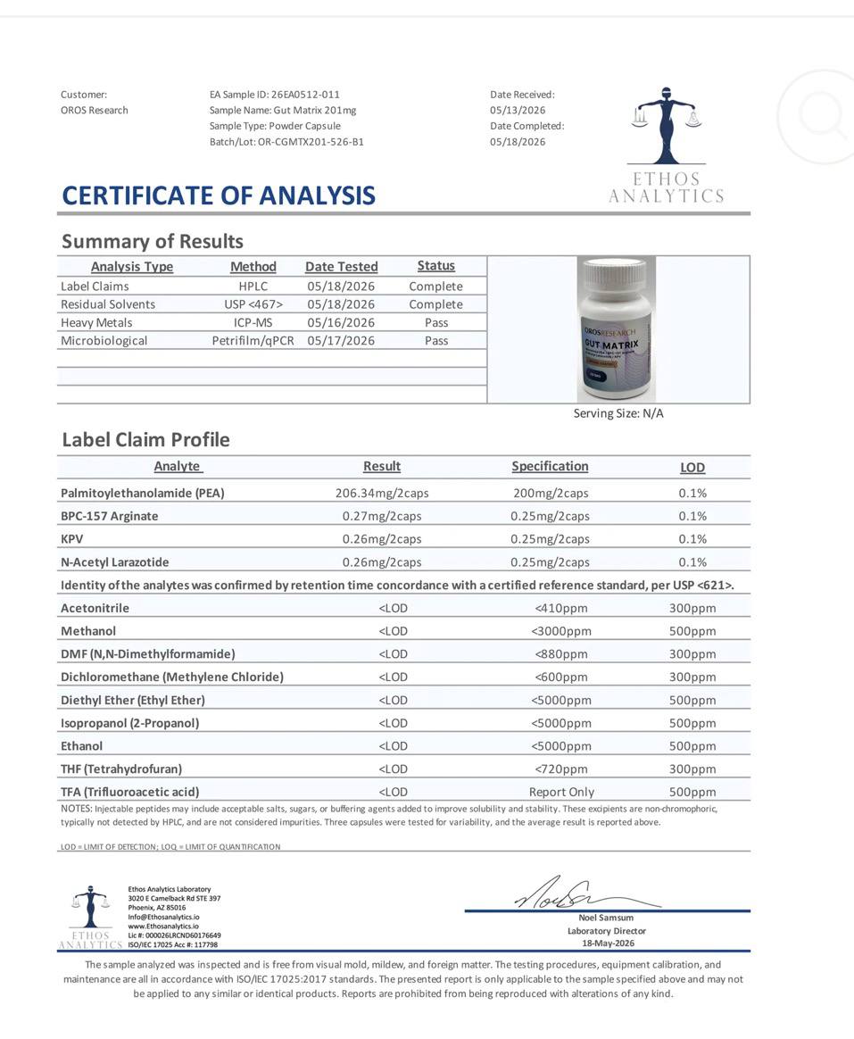 Gut Matrix - Micro PEA, BPC-157 Arginate, KPV, N-Acetyl Larazotide 201mg Blend (60 Capsules)) Gut Matrix - Micro PEA, BPC-157 Arginate, KPV, N-Acetyl Larazotide 201mg Blend (60 Capsules)